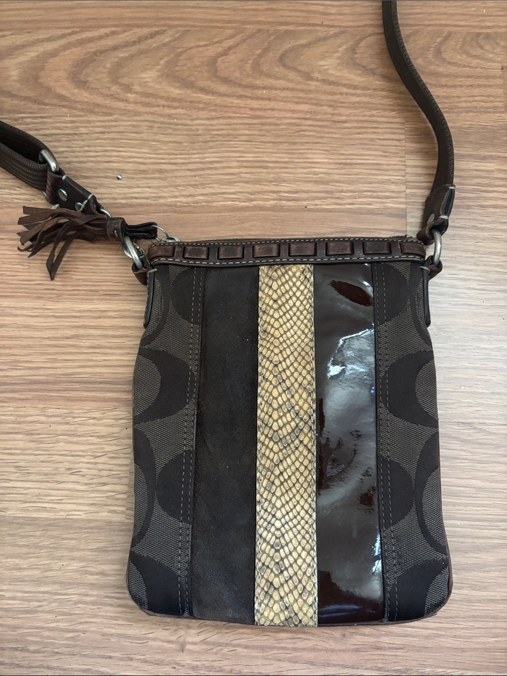 Coach Brown Signature Crossbody with Snakeskin Stripe and Patent Trim